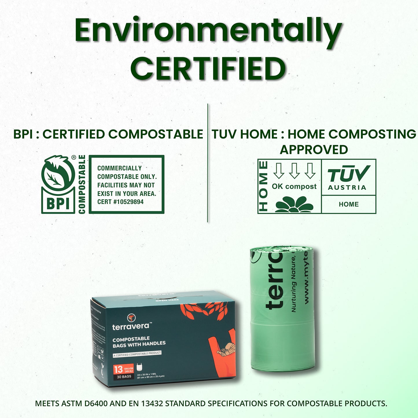 13 gallon terravera compostable trash bags with handles, BPI and TUV certified, eco-friendly choice for home composting.