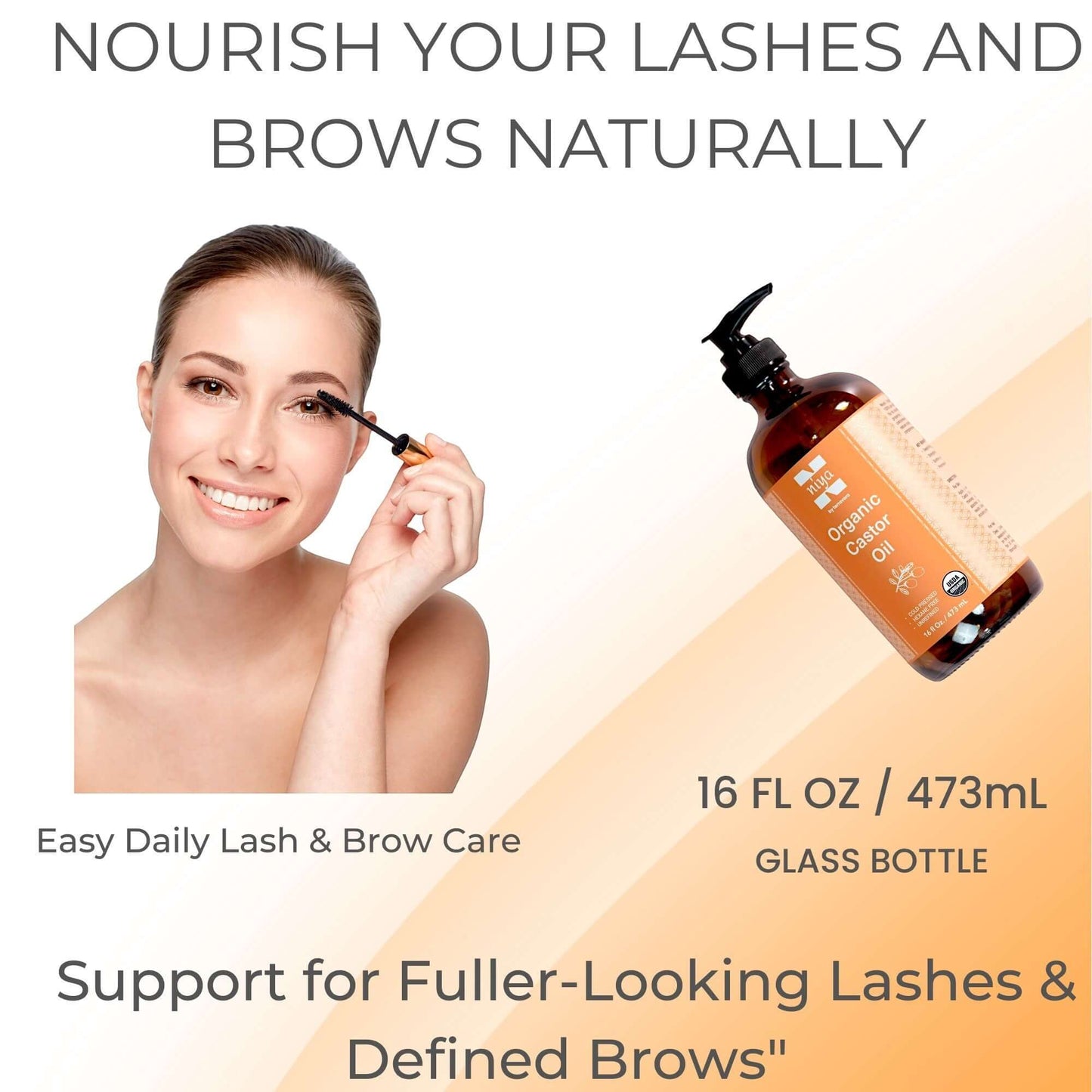 Best organic castor oil for lashes and brows, promoting fuller and defined look in a 16oz glass bottle.