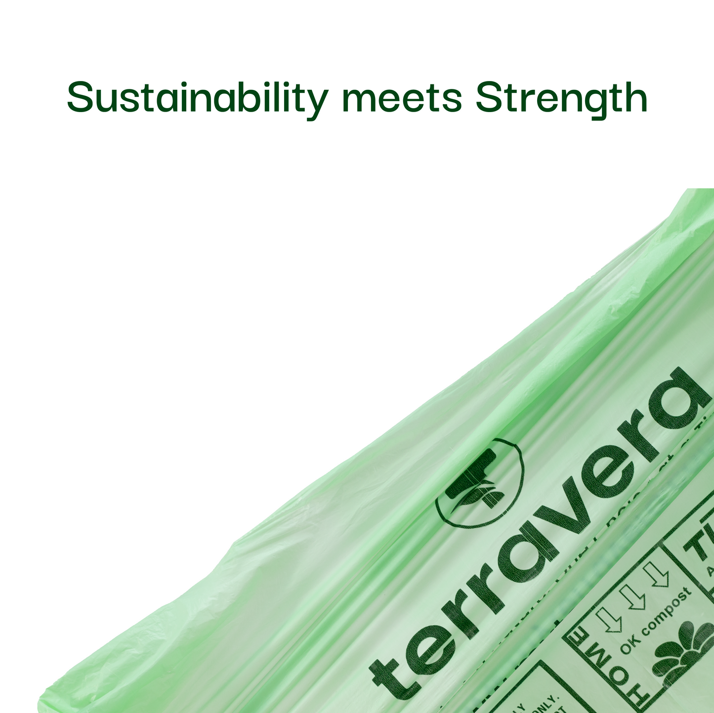 Sustainability meets strength in Terravera's compostable trash bags, showcasing eco-friendly design and durability.