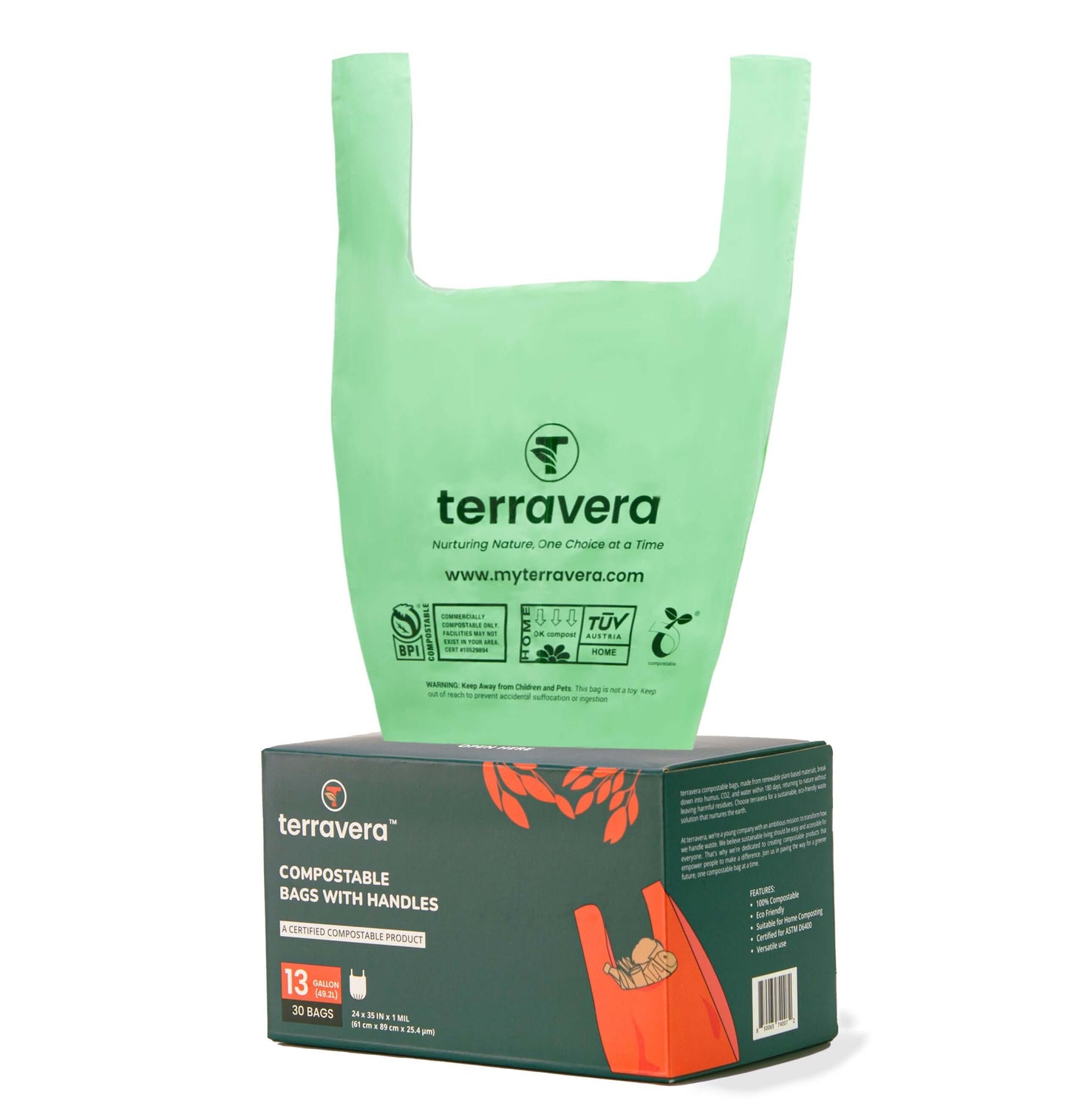 13 gallon compostable trash bags with handles from Terravera, 30 bags per roll, eco-friendly choice.