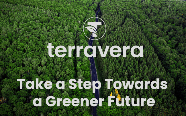 Aerial view of a road through dense green forests promoting terravera's eco-friendly message.
