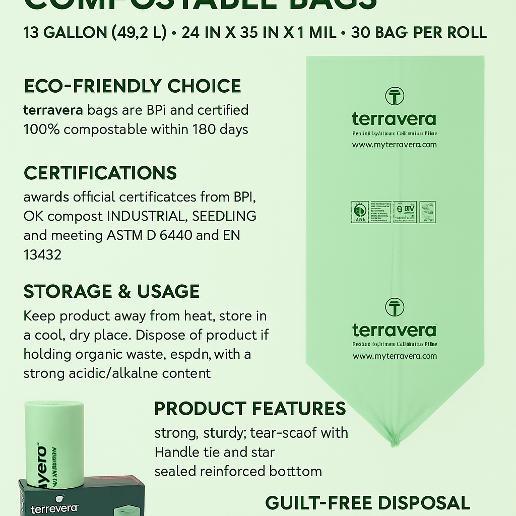 13 Gallon Compostable Trash bags Flat Top - 50 Count