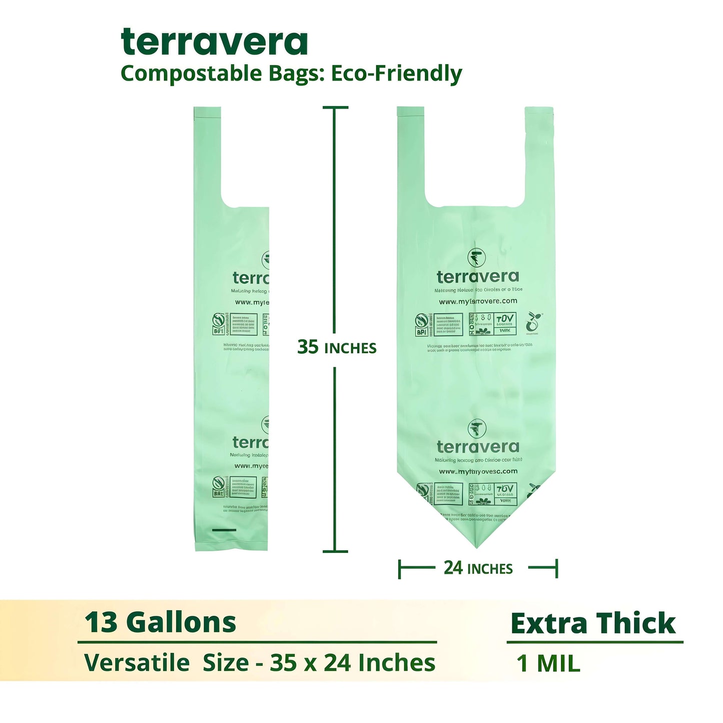 eco-friendly compostable trash bags, 13 gallons, 35 x 24 inches, extra thick, featuring handle tie.