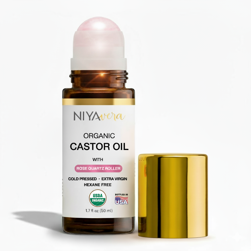 Niyavera Organic Castor Oil Roll on with Rose Quartz For Face and Body - Cold Pressed Hexane Free Glass Bottle Unrefined