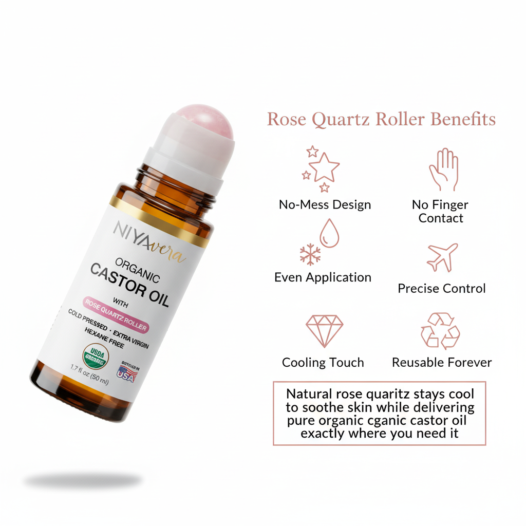 Niyavera Organic Castor Oil Roll on with Rose Quartz For Face and Body - Cold Pressed Hexane Free Glass Bottle Unrefined