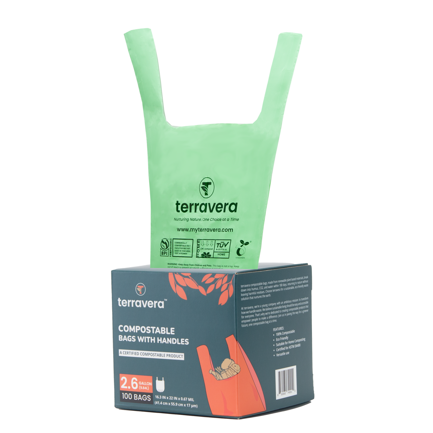 2.6 Gallon Compostable Food Scrap Bags - Handle Tie (100 Count) | BPI & OK Home Certified | Counter Top Bin, Kitchen Trash, Home Compost Bags