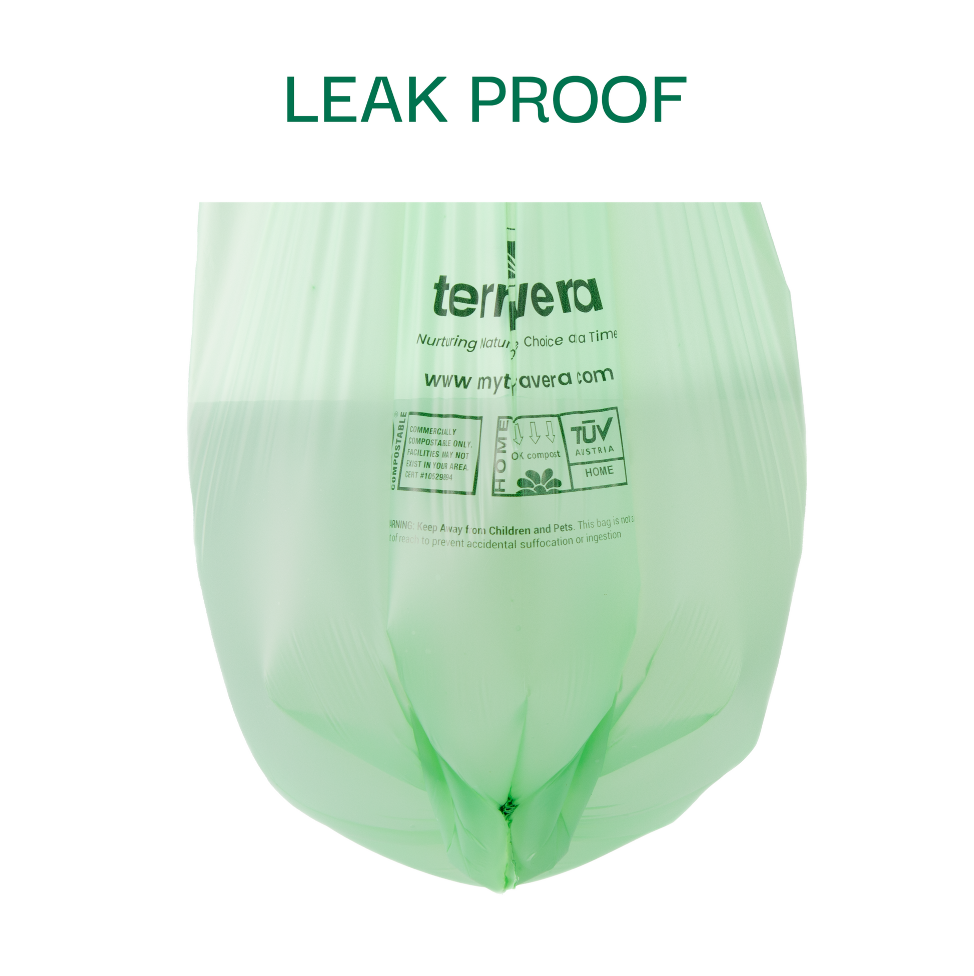 Terravera compostable trash bag, designed to be leak-proof, featuring the brand logo and certification details.