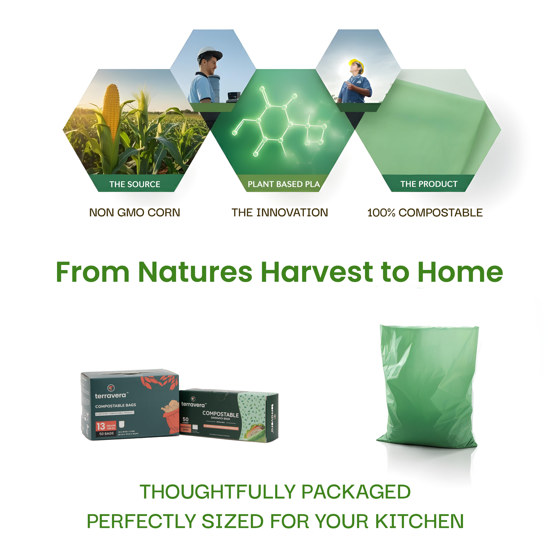 Image showcasing terravera compostable trash bags from nature's harvest, emphasizing eco-friendly packaging and plant-based materials.