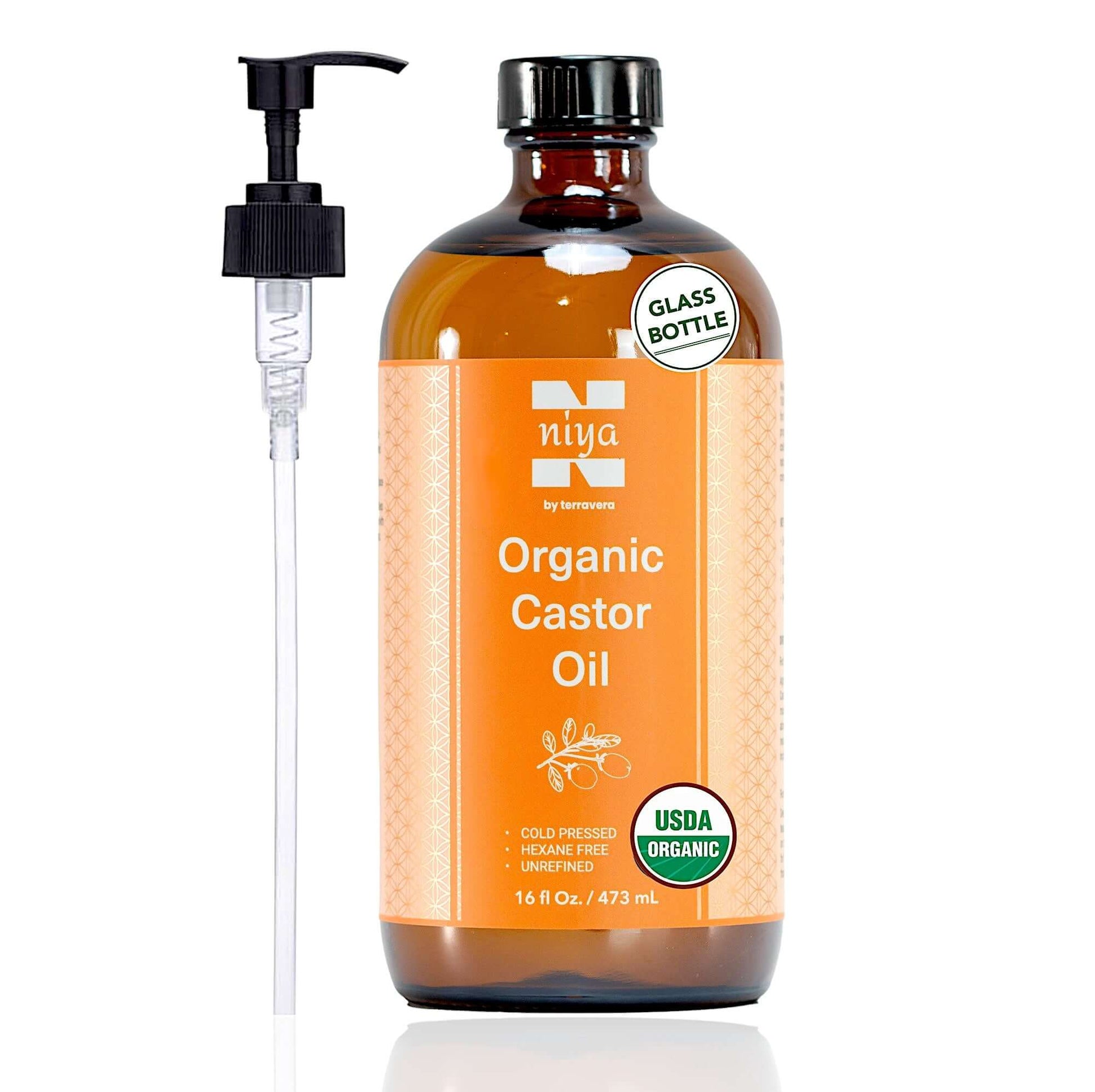 Niya by terravera organic castor oil in a 16oz glass bottle with a pump, cold-pressed and USDA organic.