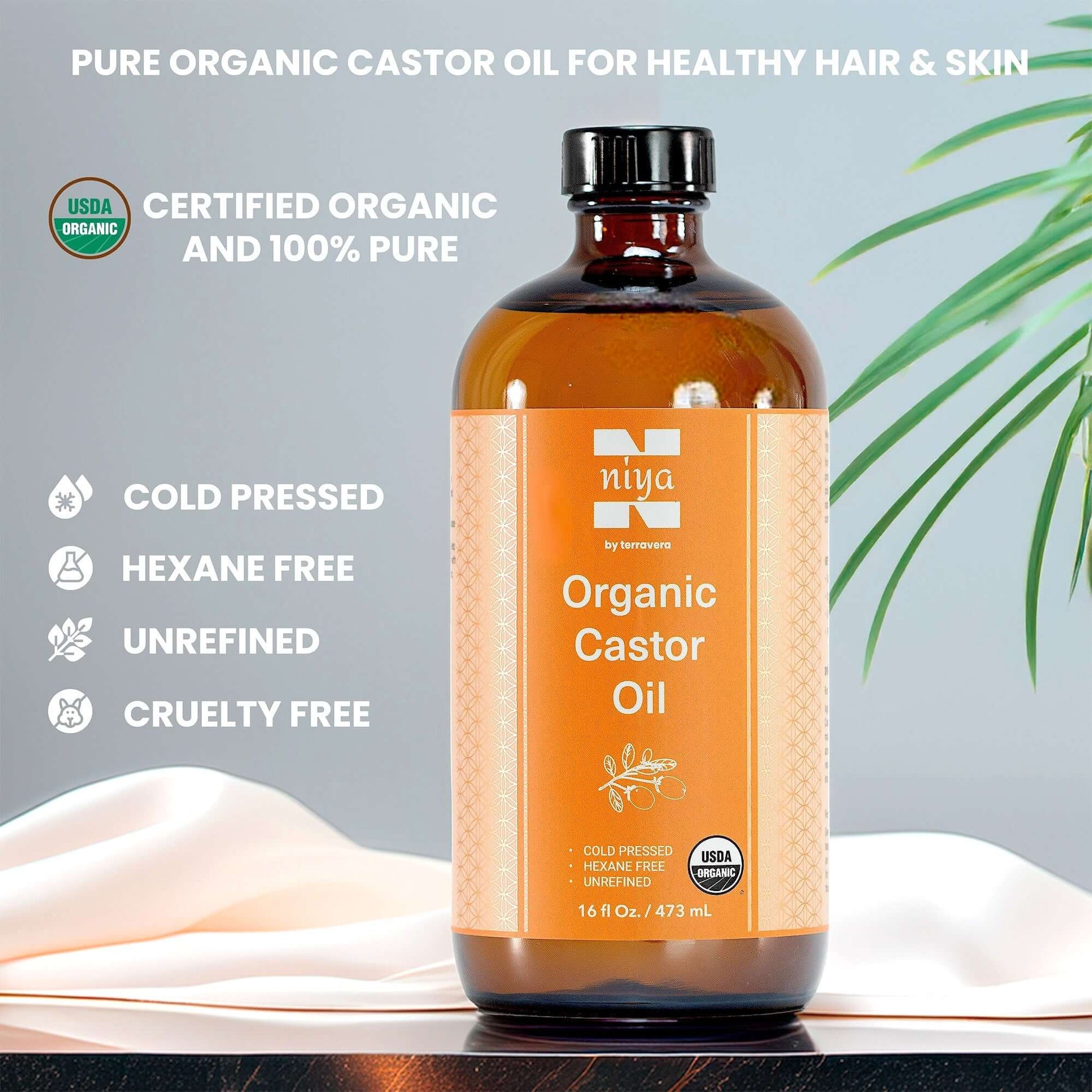 Niya by Terravera organic castor oil 16oz bottle, cold-pressed, hexane-free, unrefined, cruelty-free for healthy hair and skin.