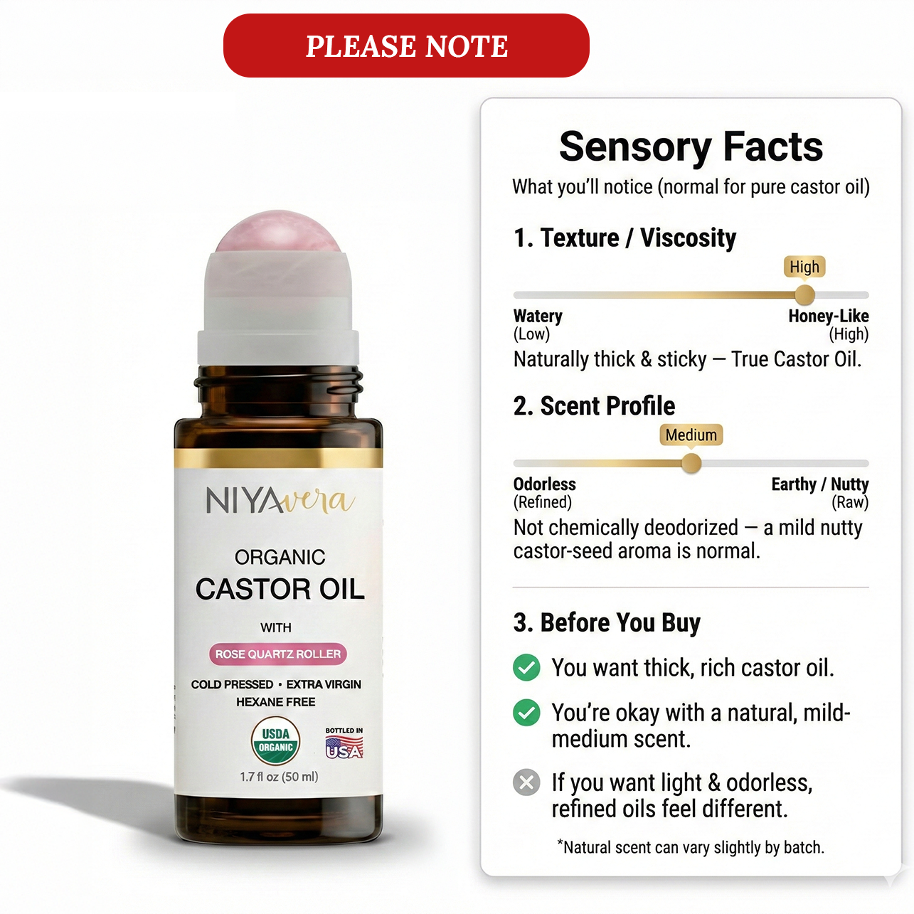 Niyavera Organic Castor Oil Roll on with Rose Quartz For Face and Body - Cold Pressed Hexane Free Glass Bottle Unrefined