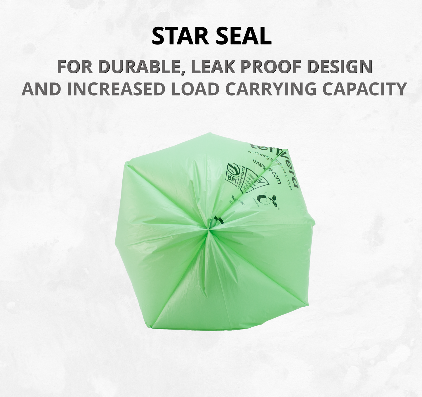 Star seal compostable trash bag featuring durable, leak-proof design for increased load capacity.