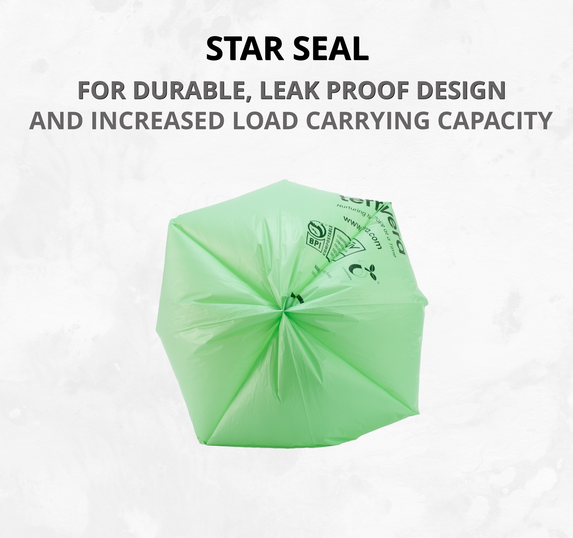 Star seal compostable trash bag featuring durable, leak-proof design for increased load capacity.