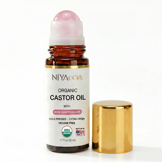 USDA Organic Cold-Pressed Castor Oil for Hair, Lashes & Brows, 50ml Rose Quartz Roller
