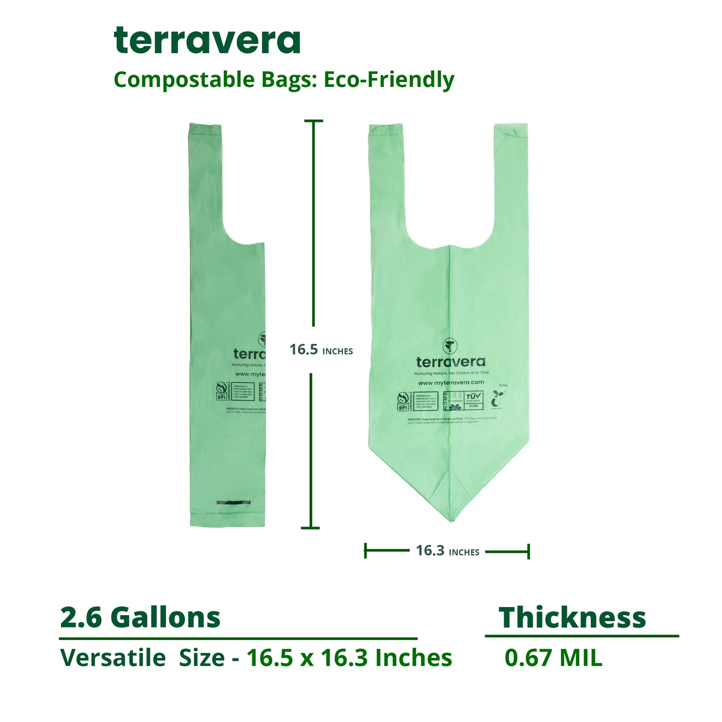 2.6 Gallon Compostable Food Scrap Bags - Handle Tie (100 Count) | BPI & OK Home Certified | Counter Top Bin, Kitchen Trash, Home Compost Bags
